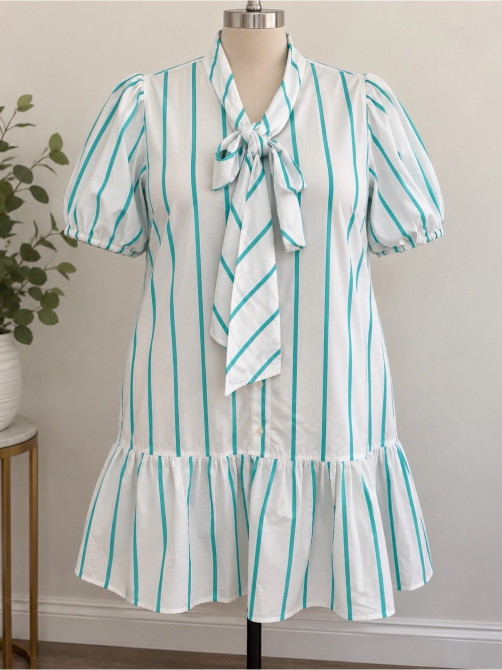 Women's Tie Neck Teal Striped Cotton Mini Dress